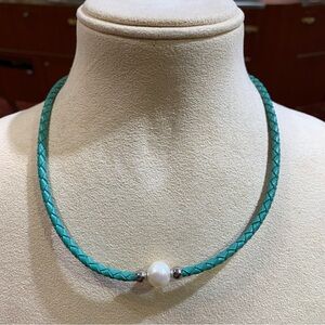 Braided Leather Necklace with Pearl Accent and magnetic closure